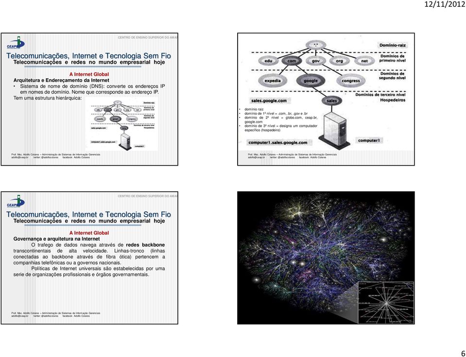 com domínio de 3º nível = designa um computador específico (hospedeiro) Governança e arquitetura na Internet O trafego de dados navega através de redes backbone transcontinentais de alta velocidade.