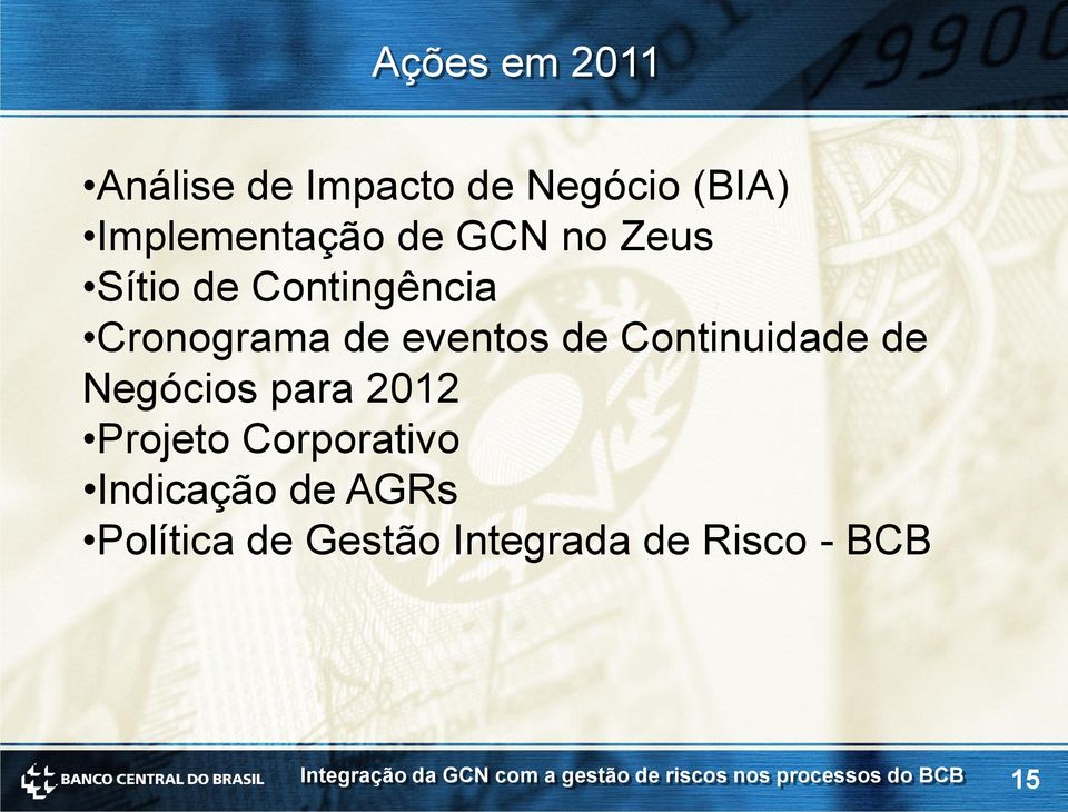 de eventos de Continuidade de Negócios para 2012 Projeto