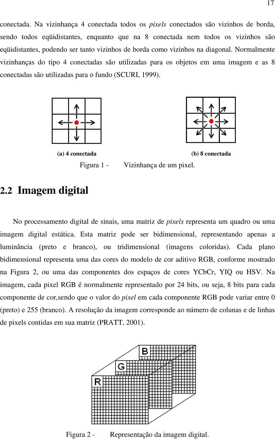 de borda como vizinhos na diagonal. Normalmente vizinhanças do tipo 4 conectadas são utilizadas para os objetos em uma imagem e as 8 conectadas são utilizadas para o fundo (SCURI, 1999).