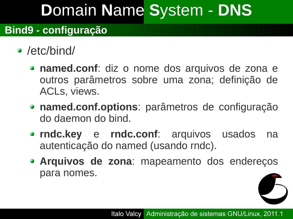 de ACLs, views. named.conf.options: parâmetros de configuração do daemon do bind.