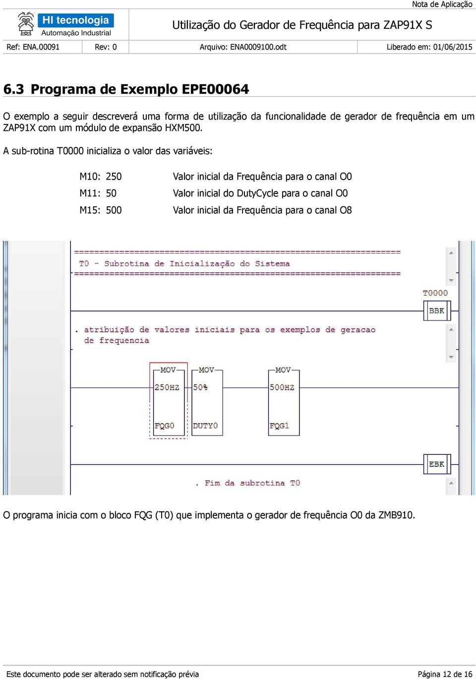 A sub-rotina T0000 inicializa o valor das variáveis: M10: 250 Valor inicial da Frequência para o canal O0 M11: 50 Valor inicial do