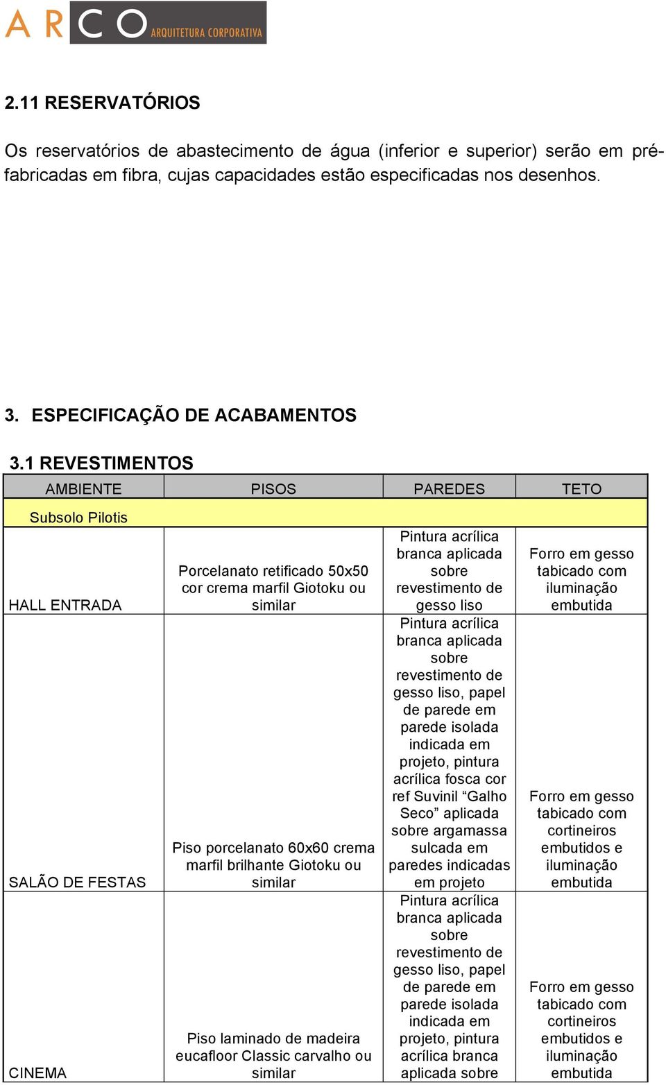 1 REVESTIMENTOS AMBIENTE PISOS PAREDES TETO Subsolo Pilotis HALL ENTRADA SALÃO DE FESTAS CINEMA Porcelanato retificado 50x50 cor crema marfil Giotoku ou similar Piso porcelanato 60x60 crema marfil