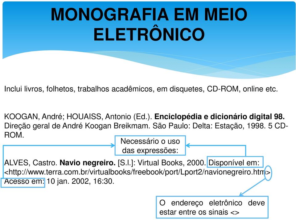 São Paulo: Delta: Estação, 1998. 5 CD- ROM. Necessário o uso das expressões: ALVES, Castro. Navio negreiro. [S.l.]: Virtual Books, 2000.