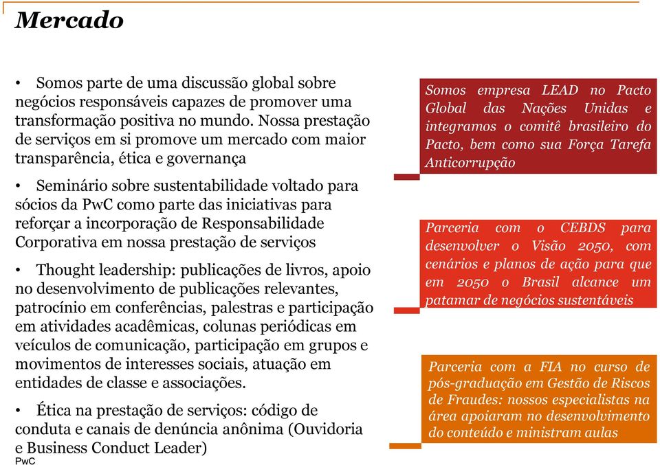 incorporação de Responsabilidade Corporativa em nossa prestação de serviços Thought leadership: publicações de livros, apoio no desenvolvimento de publicações relevantes, patrocínio em conferências,