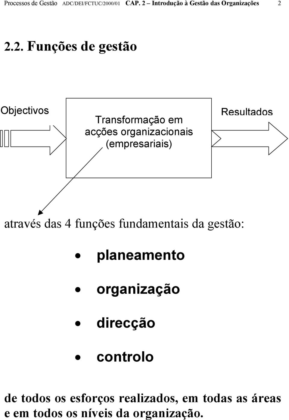 Resultados através das 4 funções fundamentais da gestão: planeamento organização direcção
