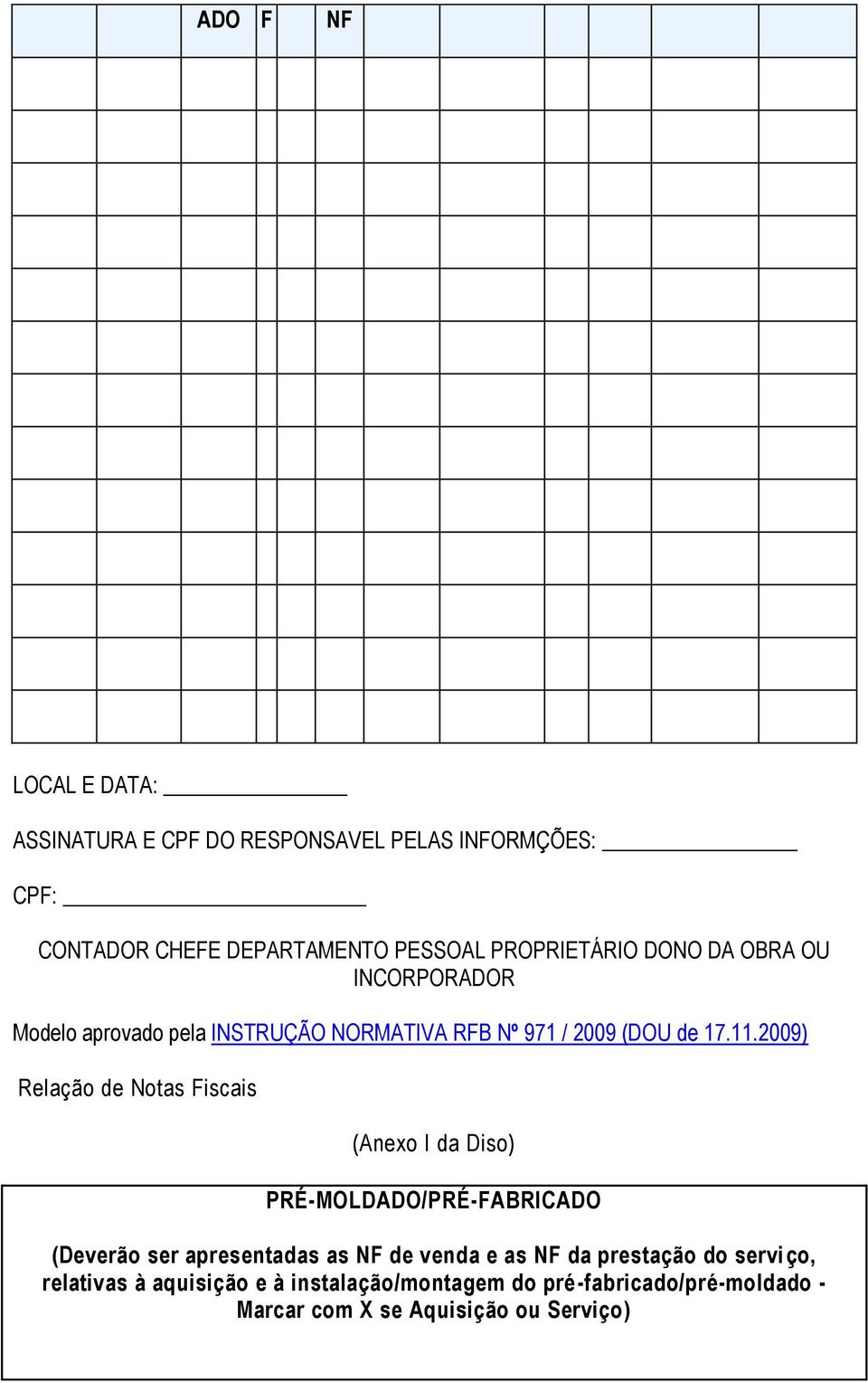 2009) Relação de Notas Fiscais (Anexo I da Diso) PRÉ-MOLDADO/PRÉ-FABRICADO (Deverão ser apresentadas as NF de venda e as NF