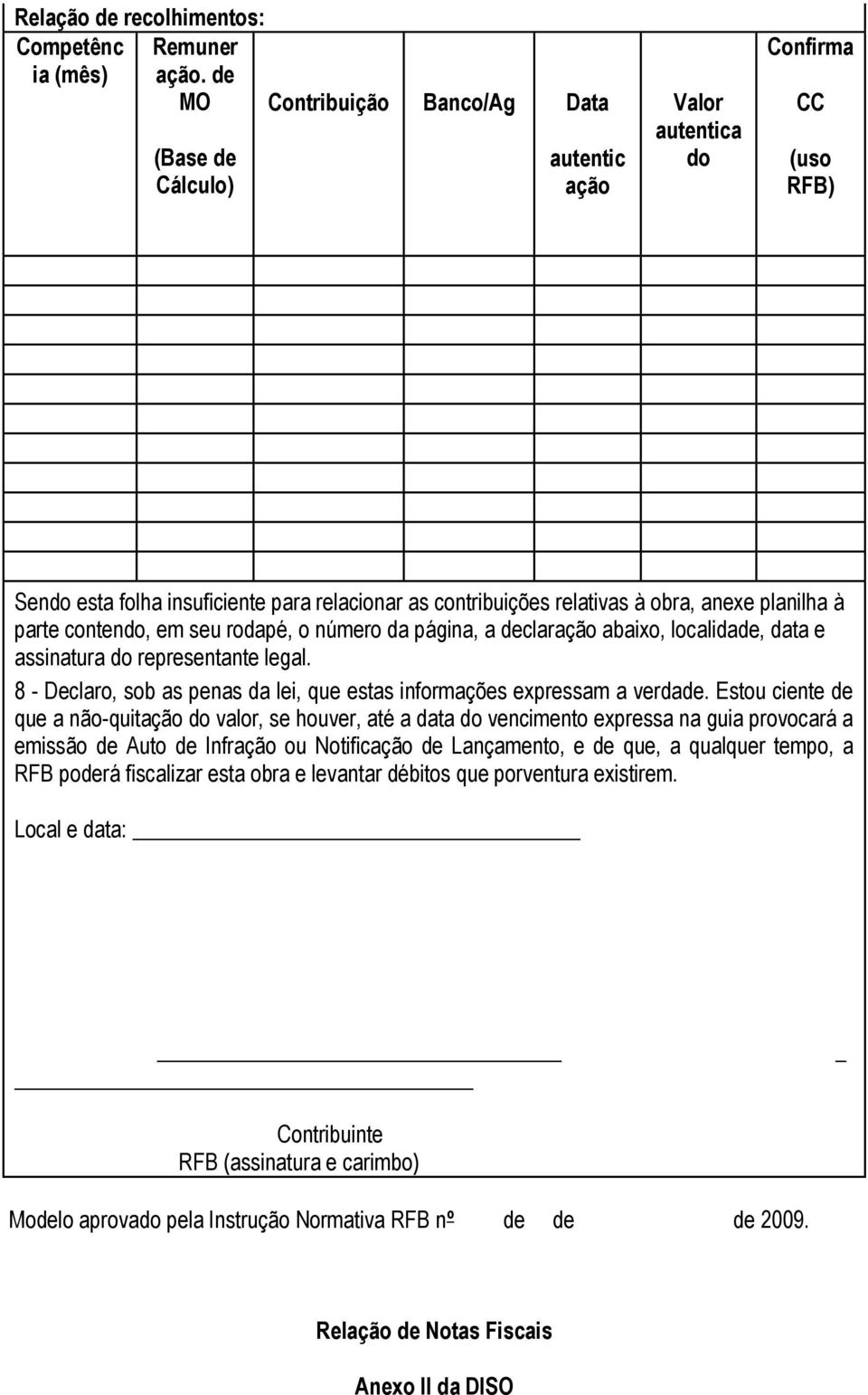 planilha à parte contendo, em seu rodapé, o número da página, a declaração abaixo, localidade, data e assinatura do representante legal.