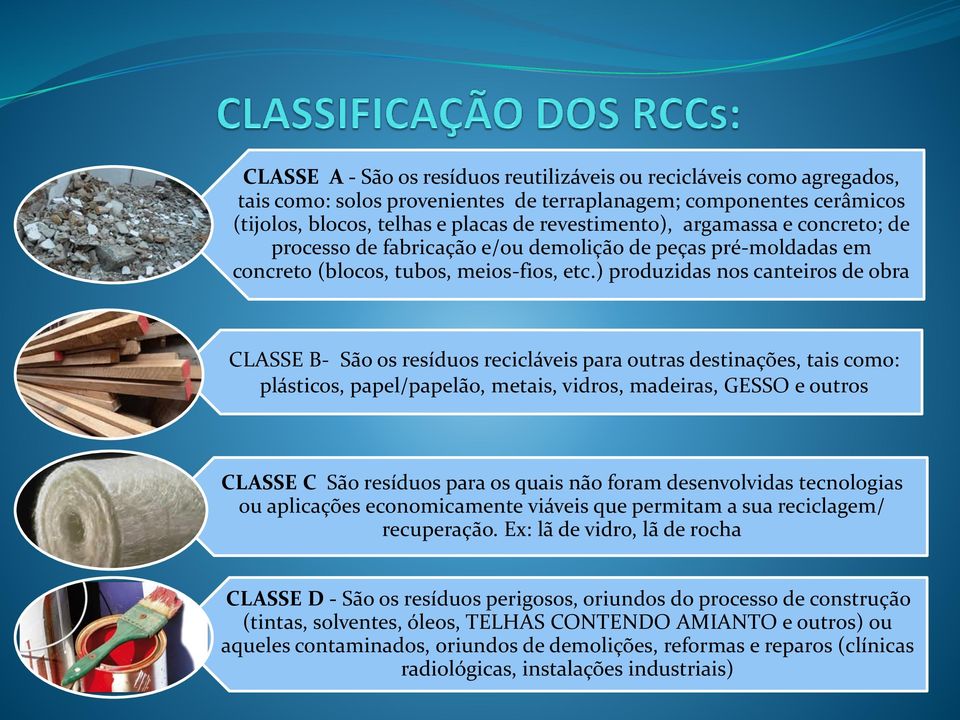 ) produzidas nos canteiros de obra CLASSE B- São os resíduos recicláveis para outras destinações, tais como: plásticos, papel/papelão, metais, vidros, madeiras, GESSO e outros CLASSE C São resíduos