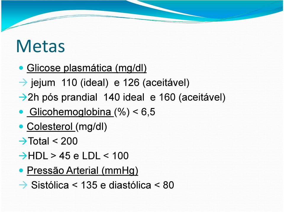 Glicohemoglobina (%) < 6,5 Colesterol (mg/dl) Total < 200 HDL