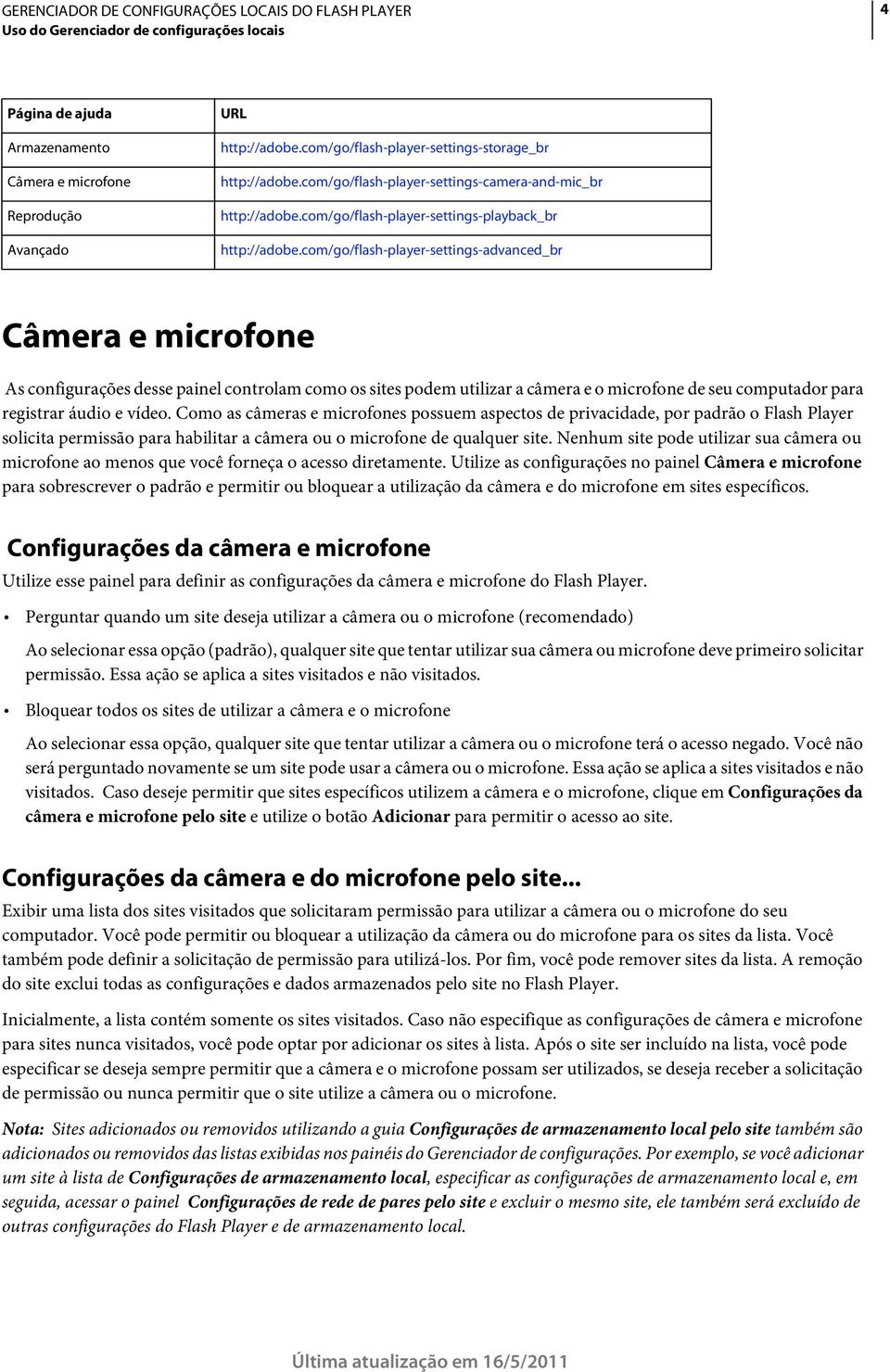 com/go/flash-player-settings-advanced_br Câmera e microfone As configurações desse painel controlam como os sites podem utilizar a câmera e o microfone de seu computador para registrar áudio e vídeo.