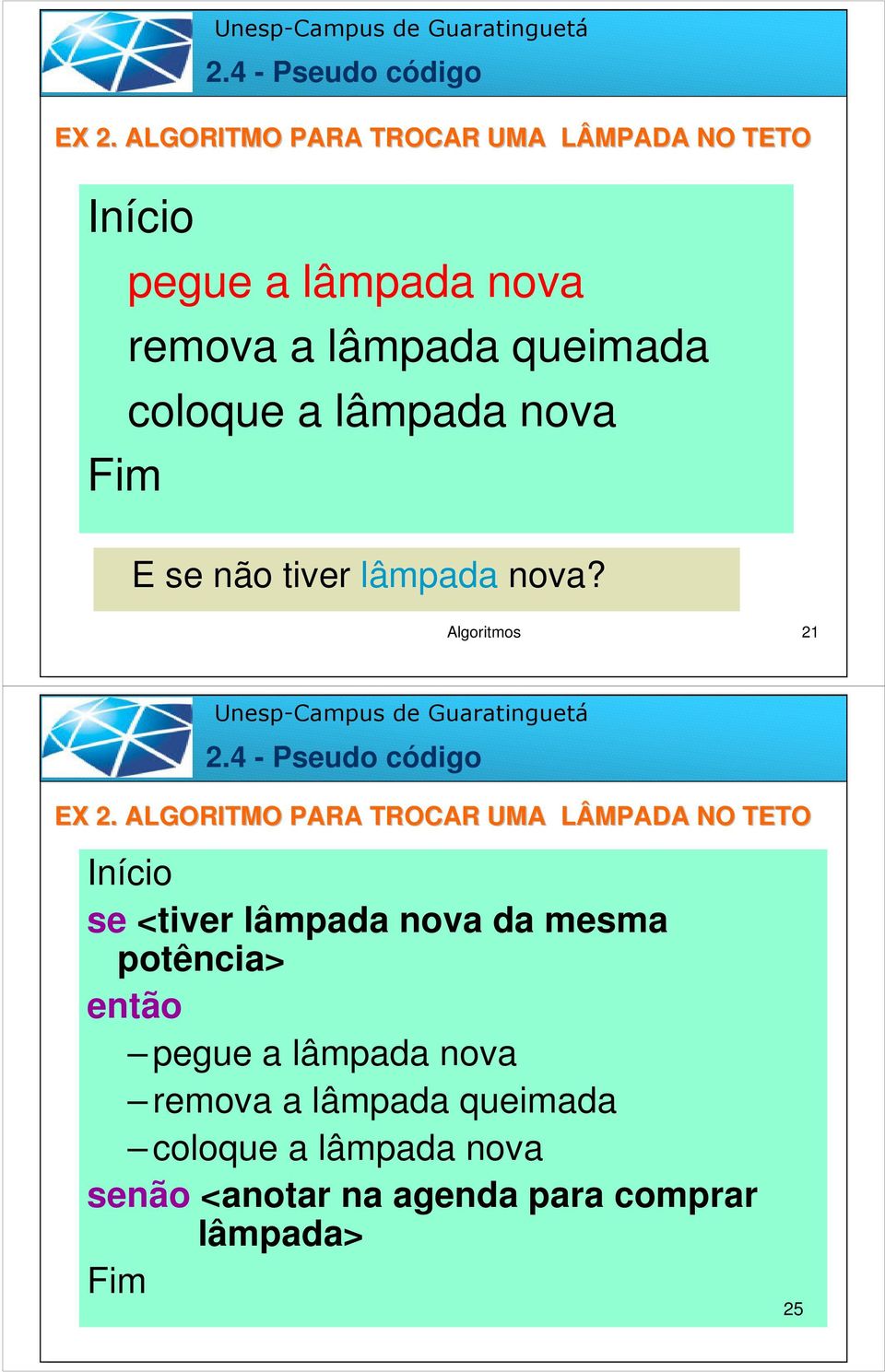 ALGORITMO PARA TROCAR UMA LÂMPADA NO TETO se <tiver lâmpada nova da mesma potência> então pegue a