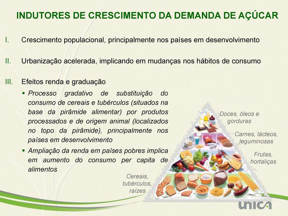Efeitos renda e graduação Processo gradativo de substituição do consumo de cereais e tubérculos (situados na base da pirâmide alimentar) por produtos processados