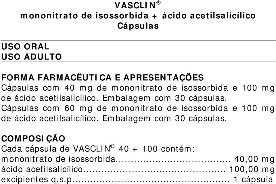Cápsulas com 60 mg de mononitrato de isossorbida e 100 mg de ácido acetilsalicílico. Embalagem com 30 cápsulas.