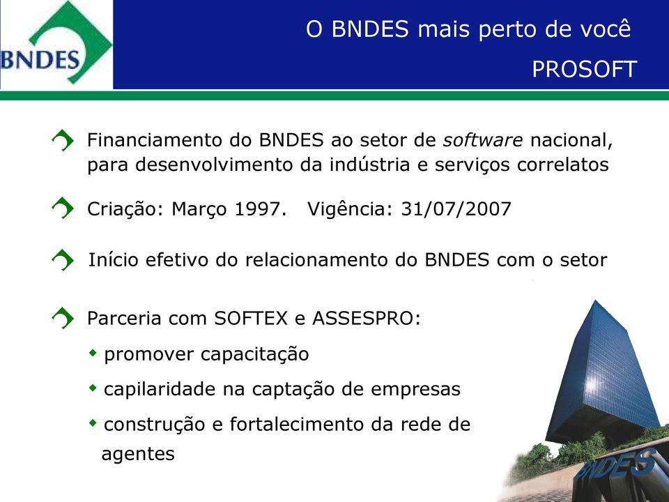 Vigência: 31/07/2007 Início efetivo do relacionamento do BNDES com o setor Parceria com