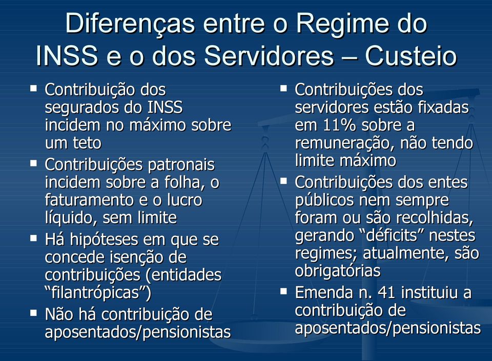 contribuição de aposentados/pensionistas Contribuições dos servidores estão fixadas em 11% sobre a remuneração, não tendo limite máximo Contribuições dos entes
