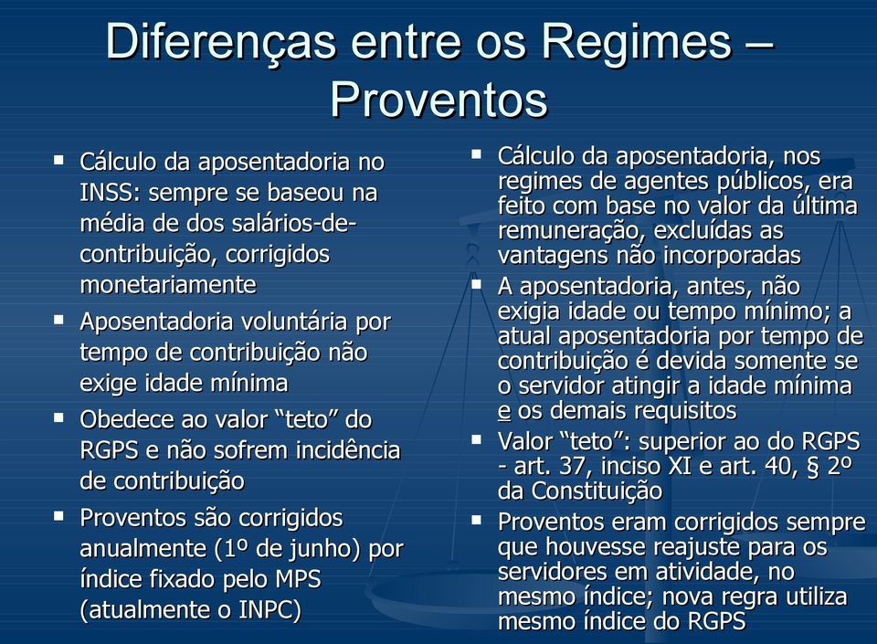 INPC) Cálculo da aposentadoria, nos regimes de agentes públicos, era feito com base no valor da última remuneração, excluídas as vantagens não incorporadas A aposentadoria, antes, não exigia idade ou