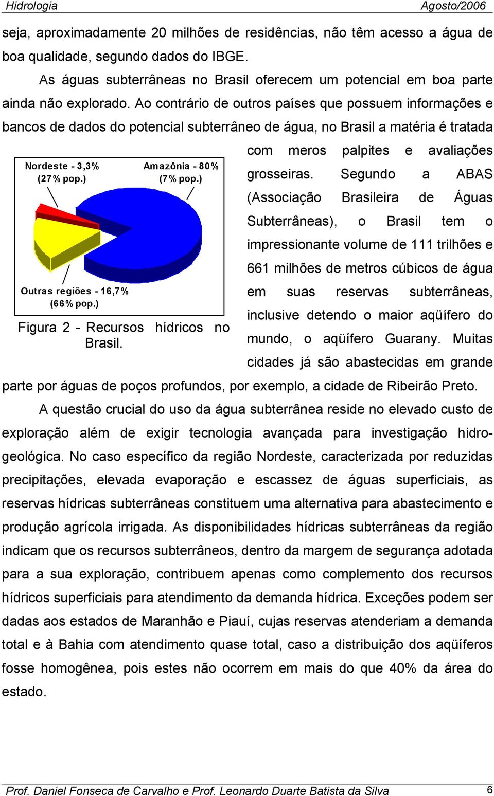 ) Amazônia - 80% (7% pop.) Figura 2 - Recursos hídricos no Brasil. com meros palpites e avaliações grosseiras.