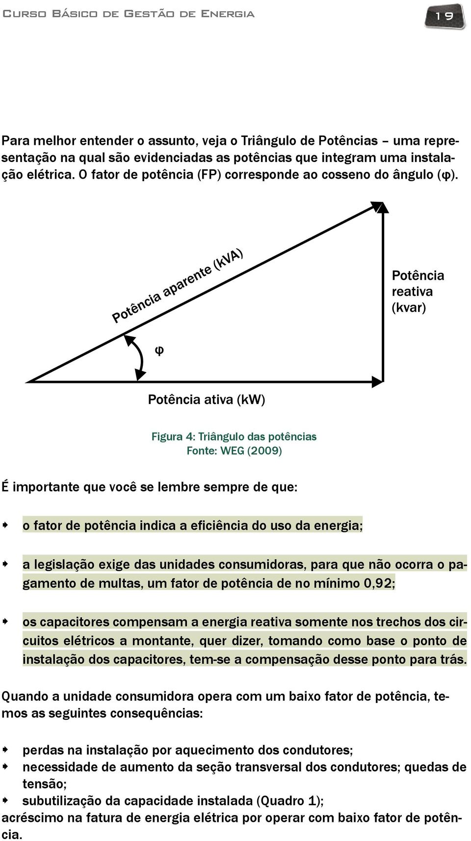 Figura 4: Triângulo das potências Fonte: WEG (2009) É importante que você se lembre sempre de que: o fator de potência indica a eficiência do uso da energia; a legislação exige das unidades