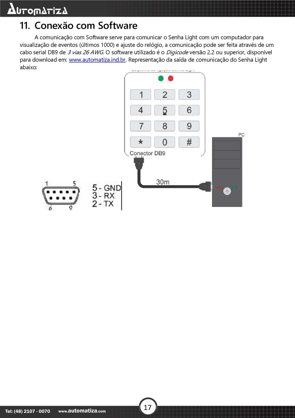 um cabo serial DB9 de 3 vias 26 AWG. O software utilizado é o Digicode versão 2.