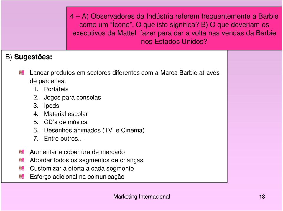 B) Sugestões: Lançar produtos em sectores diferentes com a Marca Barbie através de parcerias: 1. Portáteis 2. Jogos para consolas 3. Ipods 4.