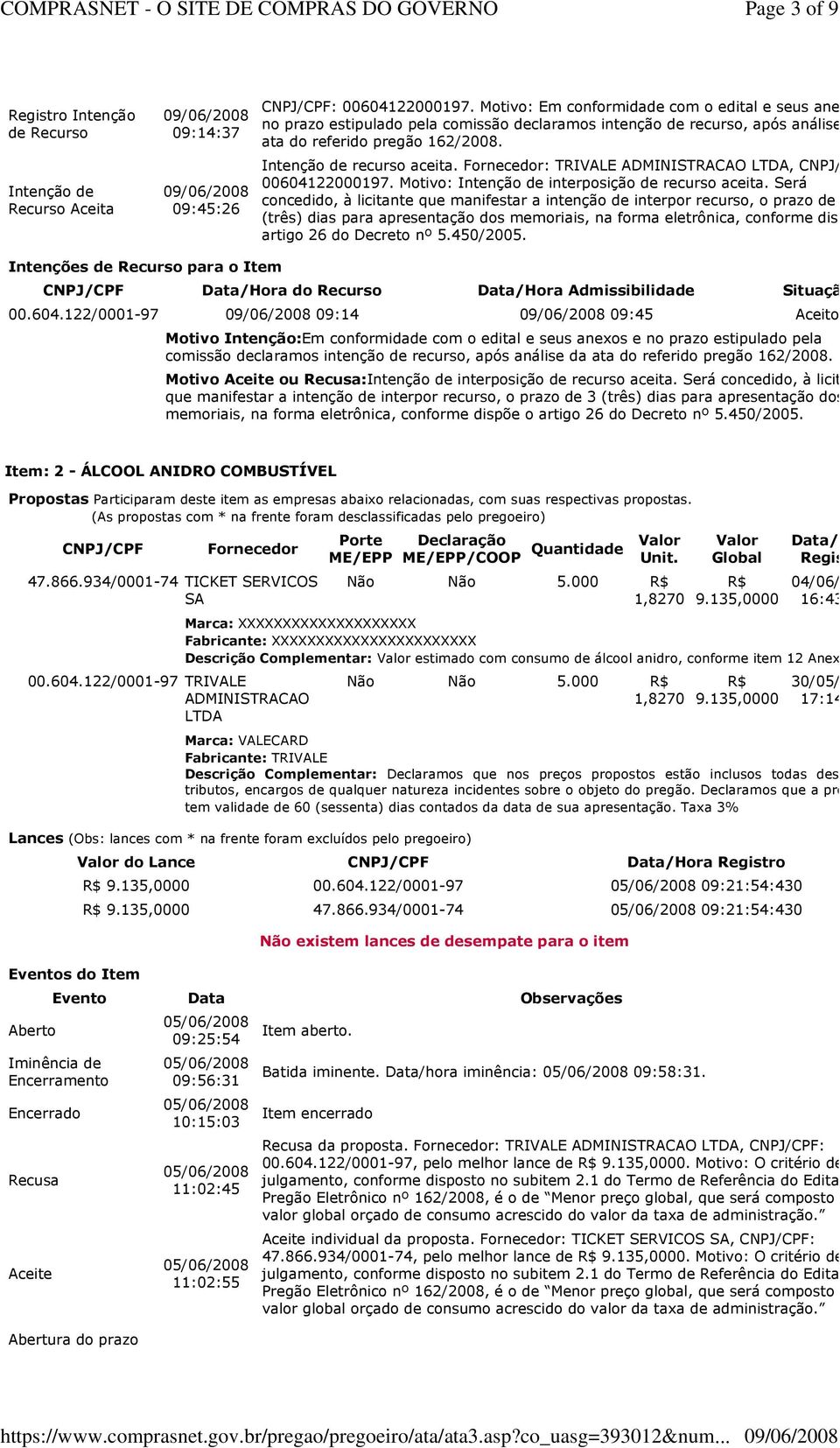 Fornecedor: TRIVALE ADMINISTRACAO LTDA, CNPJ/CPF: 00604122000197. Motivo: Intenção de interposição de recurso aceita.