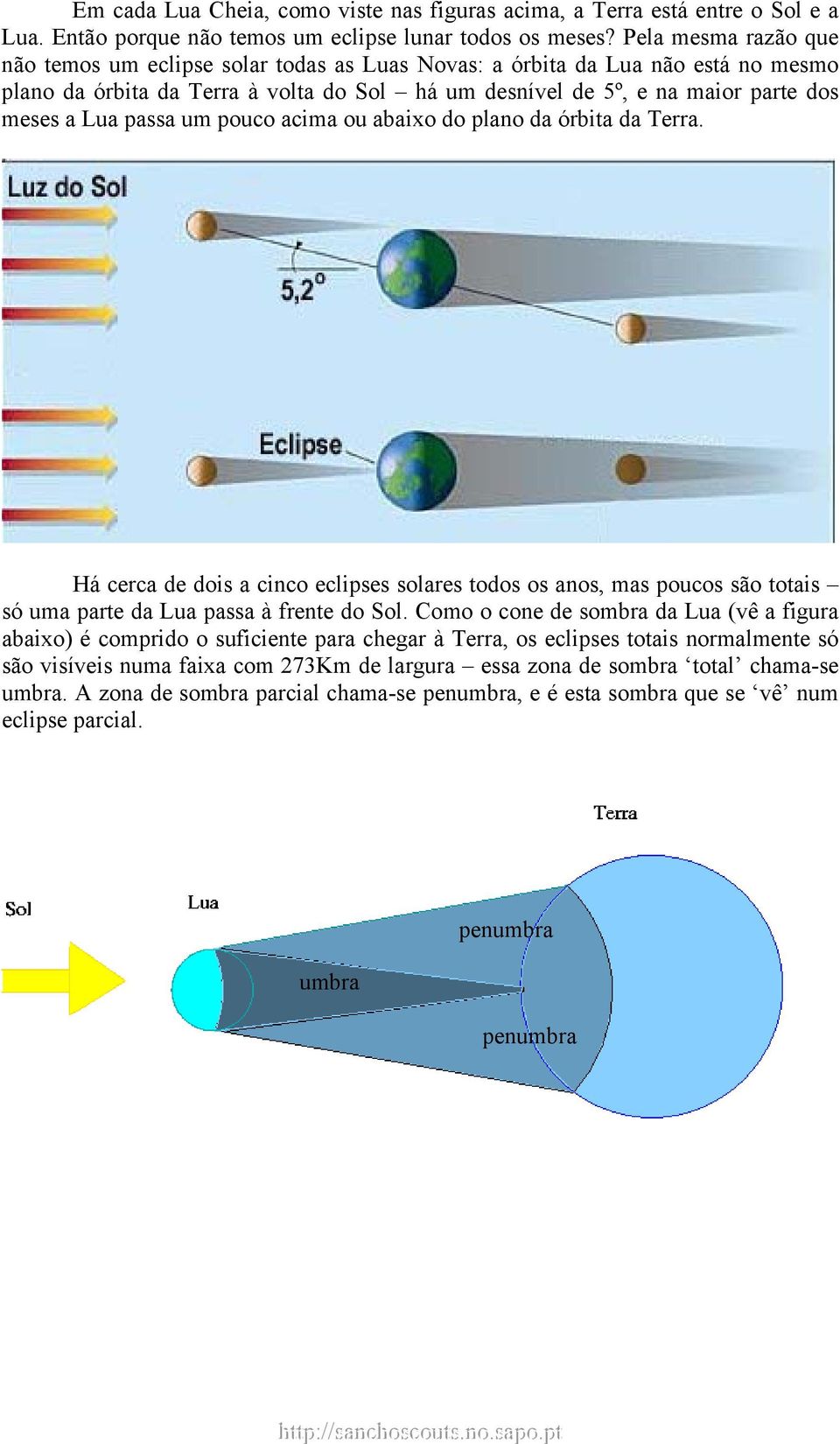 passa um pouco acima ou abaixo do plano da órbita da Terra. Há cerca de dois a cinco eclipses solares todos os anos, mas poucos são totais só uma parte da Lua passa à frente do Sol.