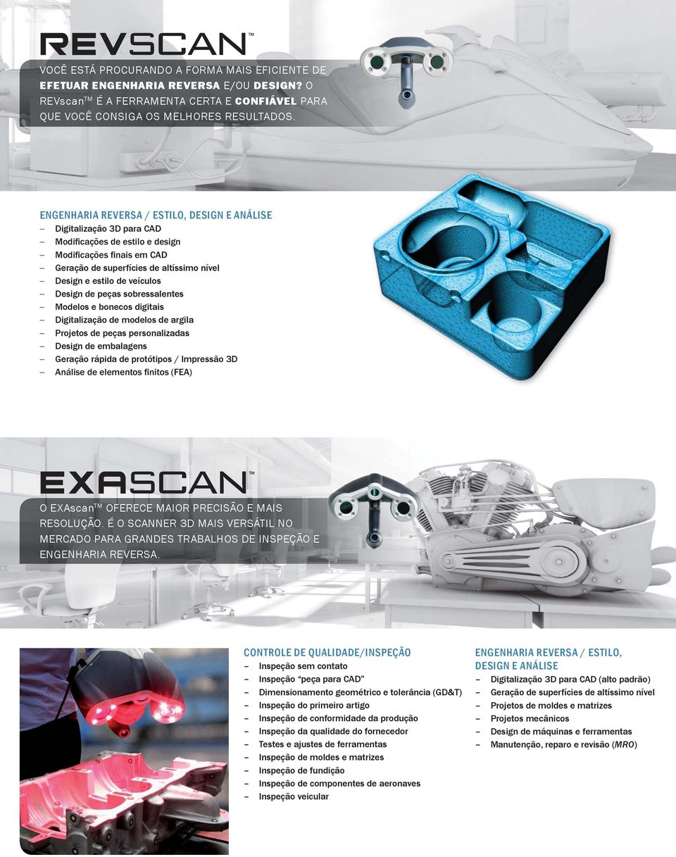 Digitalização de modelos de argila Projetos de peças personalizadas Design de embalagens Geração rápida de protótipos / Impressão 3D O EXAscan TM OFERECE MAIOR PRECISÃO E MAIS RESOLUÇÃO.