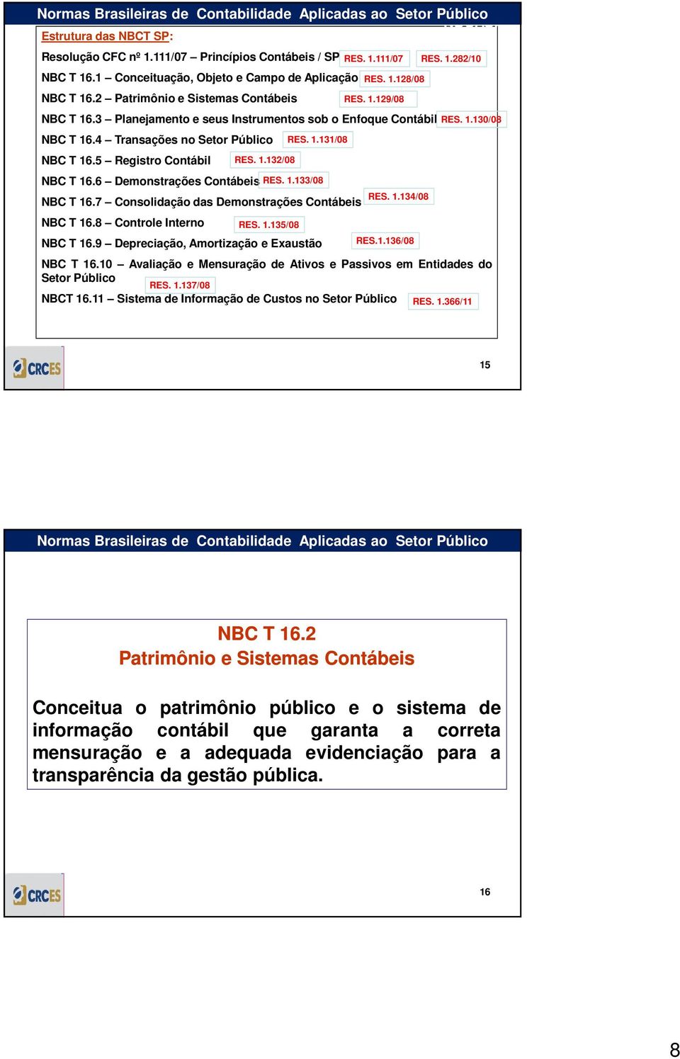 4 Transações no Setor Público NBC T 16.5 Registro Contábil NBC T 16.6 Demonstrações Contábeis RES. 1.133/08 NBC T 16.7 Consolidação das Demonstrações Contábeis NBC T 16.8 Controle Interno RES. 1.132/08 RES.