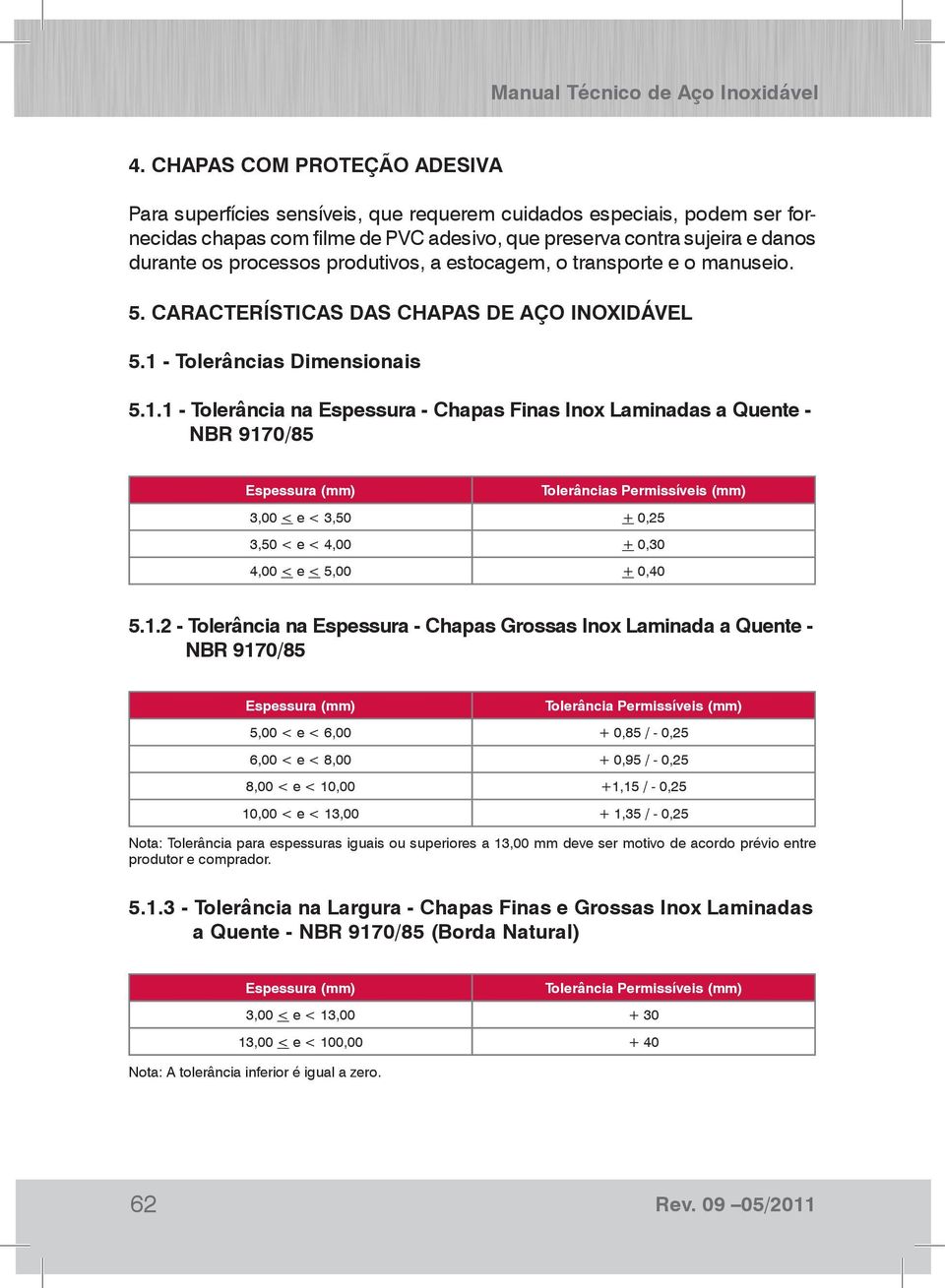 produtivos, a estocagem, o transporte e o manuseio. 5. CARACTERÍSTICAS DAS CHAPAS DE AÇO INOXIDÁVEL 5.1 