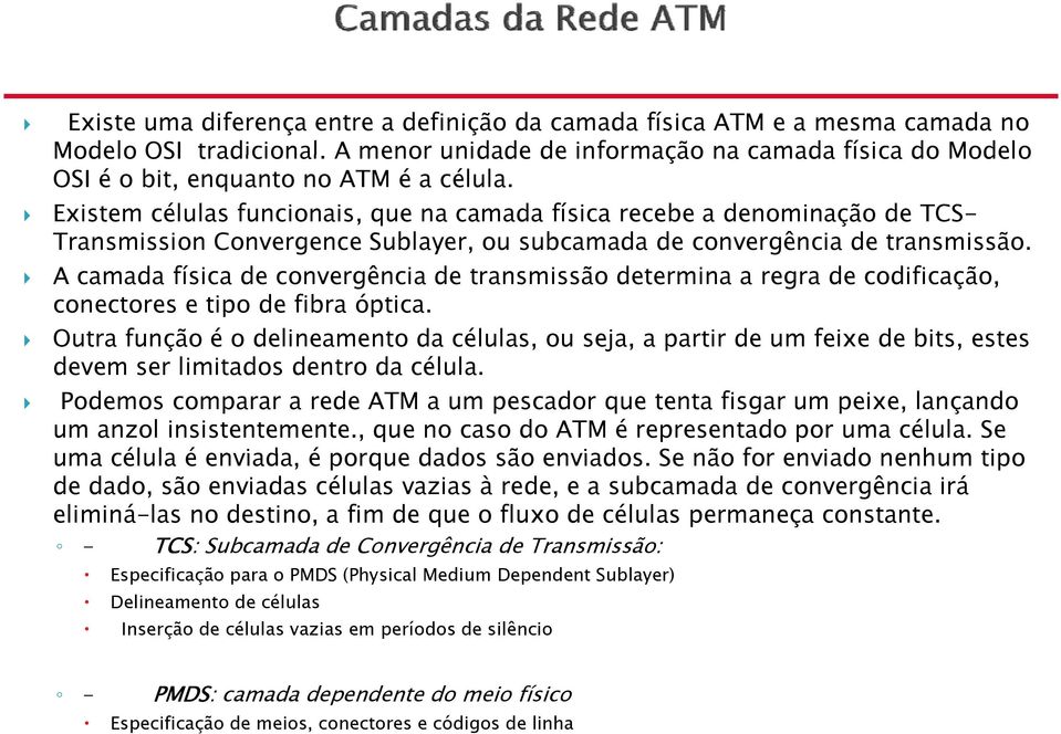 Existem células funcionais, que na camada física recebe a denominação de TCS- Transmission Convergence Sublayer, ou subcamada de convergência de transmissão.