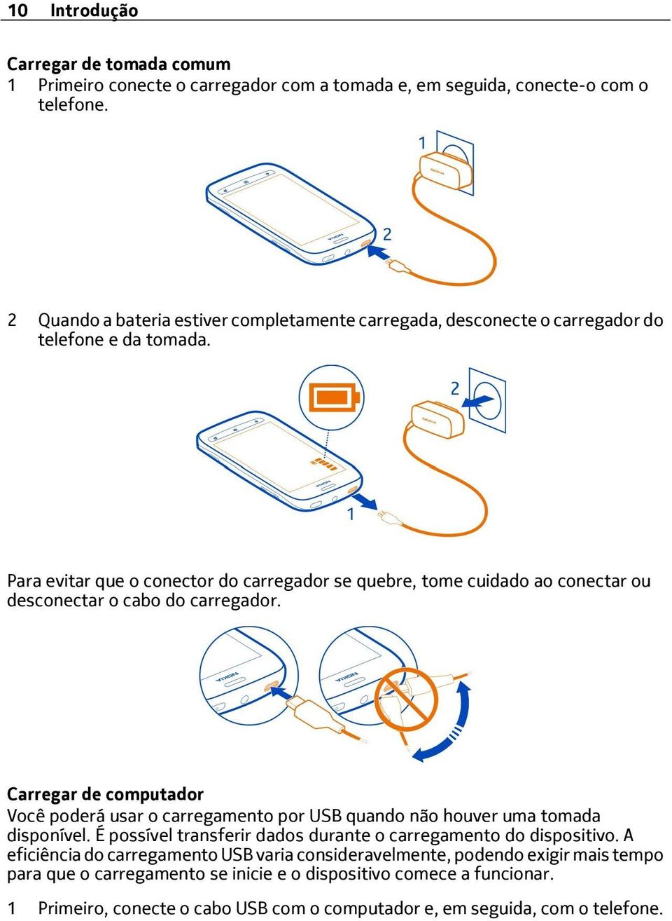 Para evitar que o conector do carregador se quebre, tome cuidado ao conectar ou desconectar o cabo do carregador.