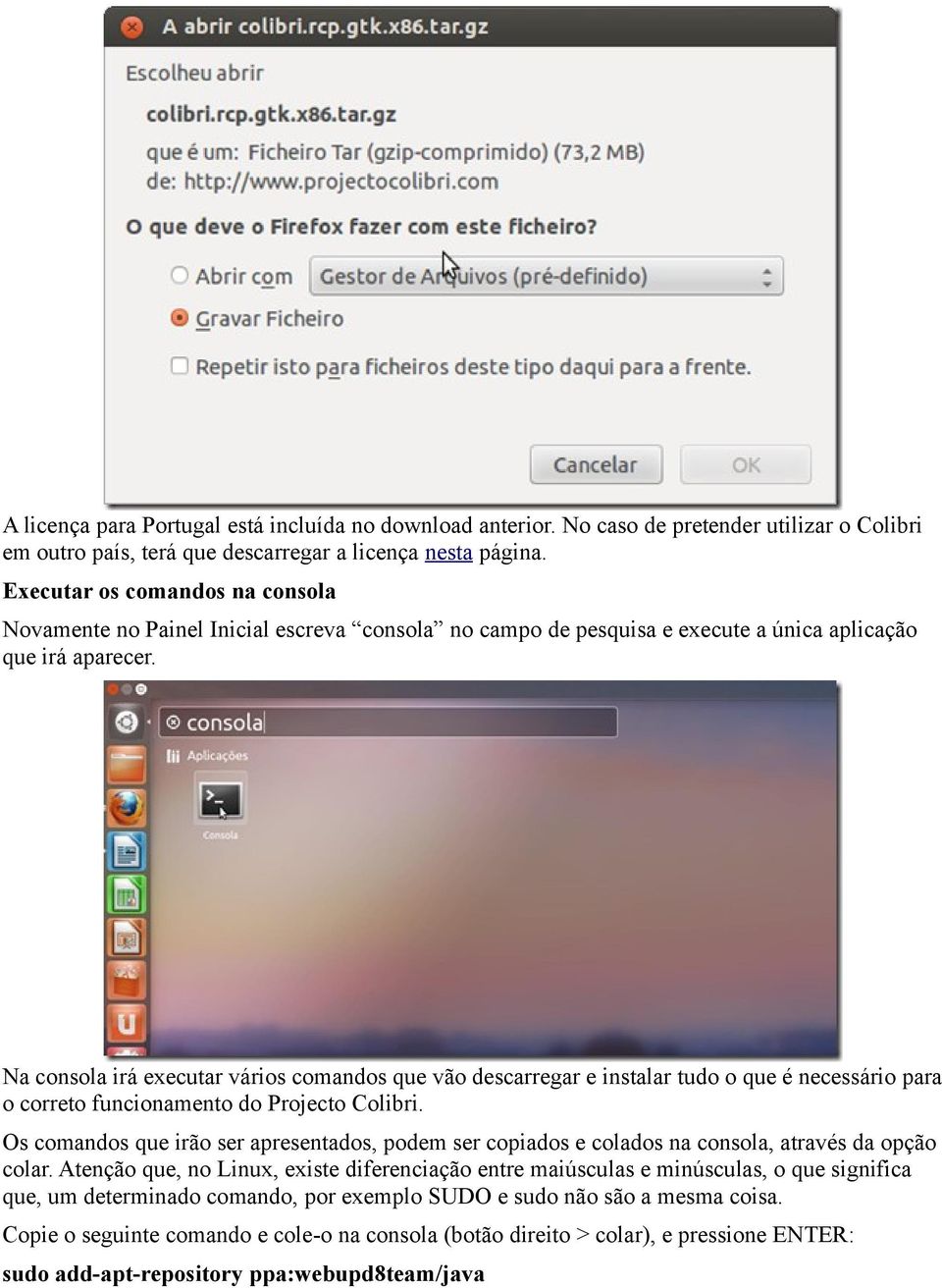 Na consola irá executar vários comandos que vão descarregar e instalar tudo o que é necessário para o correto funcionamento do Projecto Colibri.