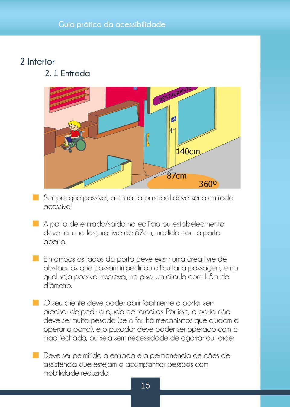 Em ambos os lados da porta deve existir uma área livre de obstáculos que possam impedir ou dificultar a passagem, e na qual seja possível inscrever, no piso, um círculo com 1,5m de diâmetro.