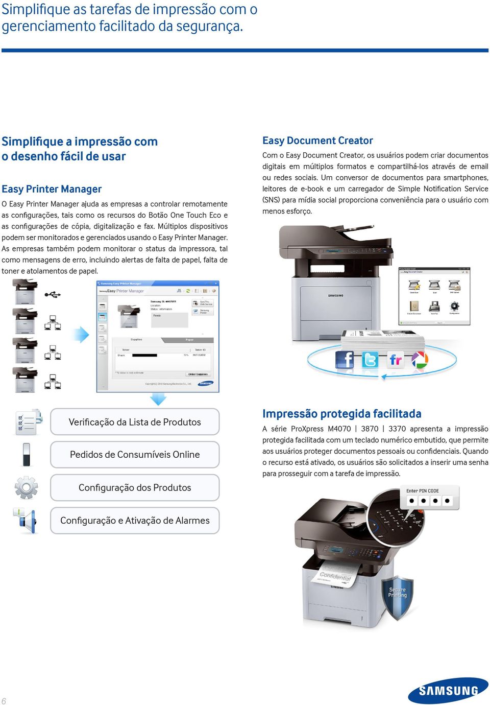 Eco e as configurações de cópia, digitalização e fax. Múltiplos dispositivos podem ser monitorados e gerenciados usando o Easy Printer Manager.