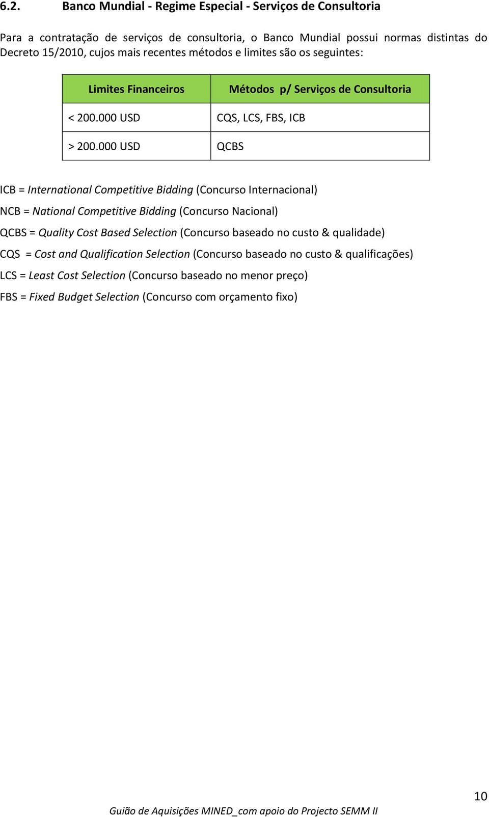 000 USD QCBS ICB = International Competitive Bidding (Concurso Internacional) NCB = National Competitive Bidding (Concurso Nacional) QCBS = Quality Cost Based Selection (Concurso