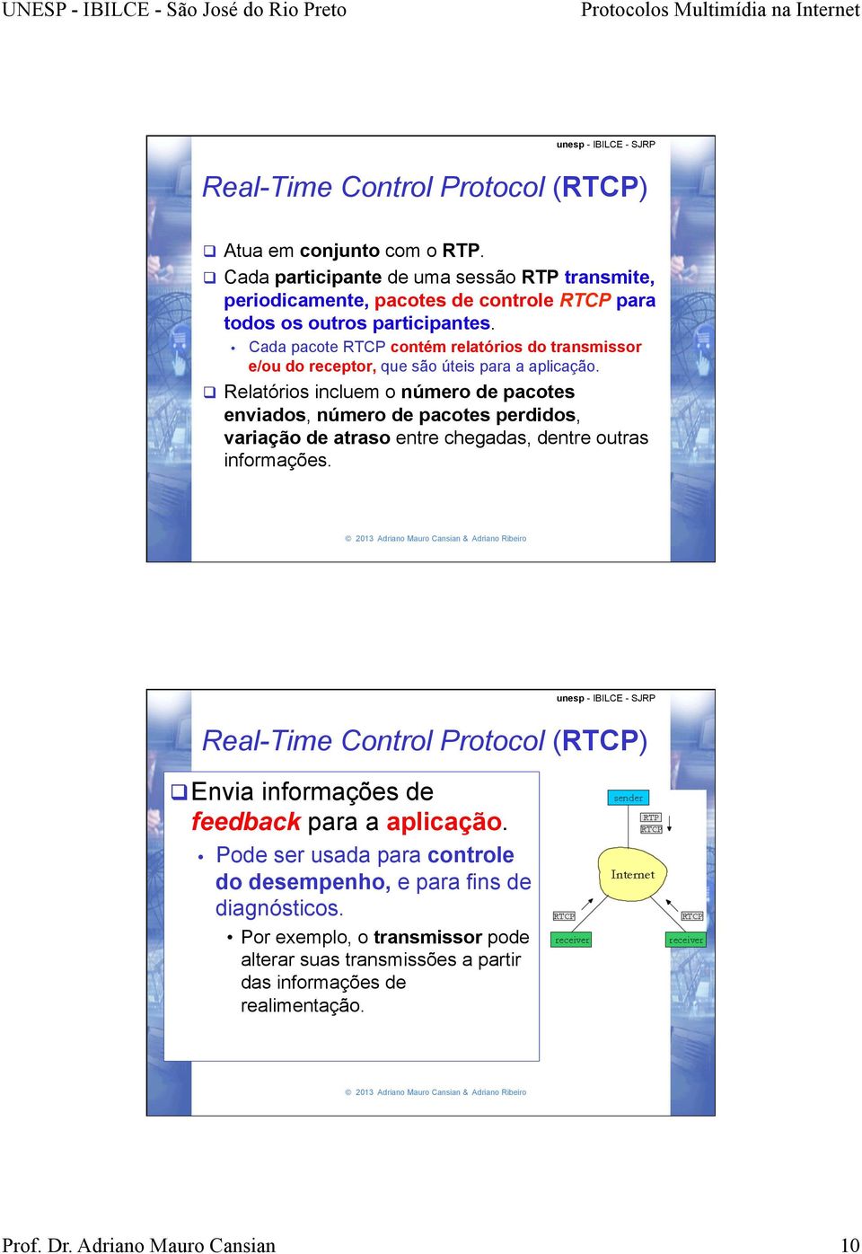 Cada pacote RTCP contém relatórios do transmissor e/ou do receptor, que são úteis para a aplicação.