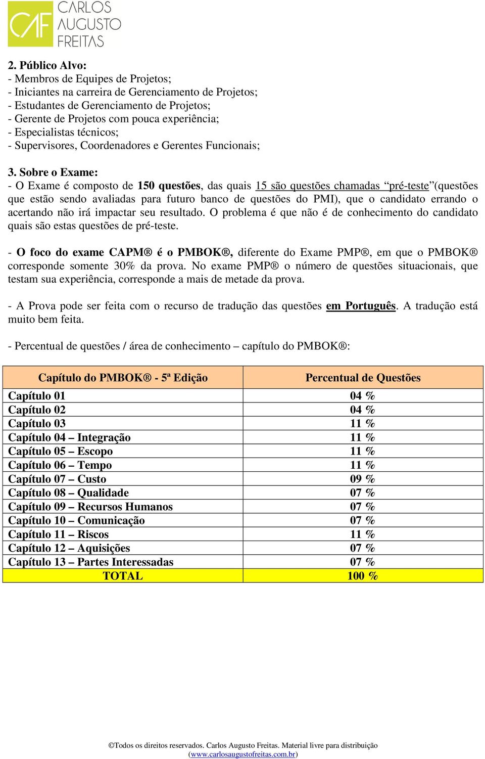 Sobre o Exame: - O Exame é composto de 150 questões, das quais 15 são questões chamadas pré-teste (questões que estão sendo avaliadas para futuro banco de questões do PMI), que o candidato errando o