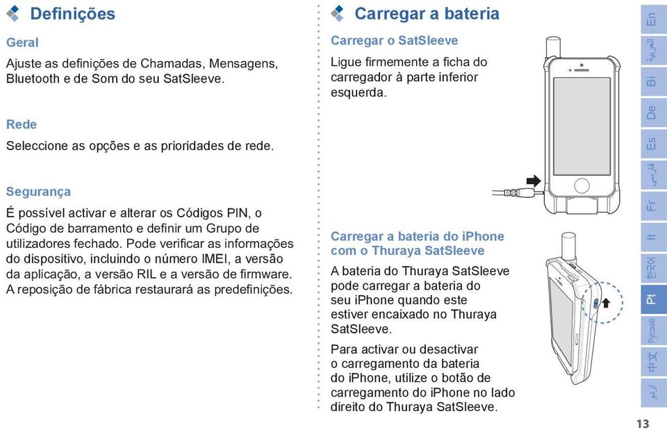 Es De Bi En Segurança É possível activar e alterar os Códigos PIN, o do dispositivo, incluindo o número IMEI, a versão Carregar a bateria do iphone com o