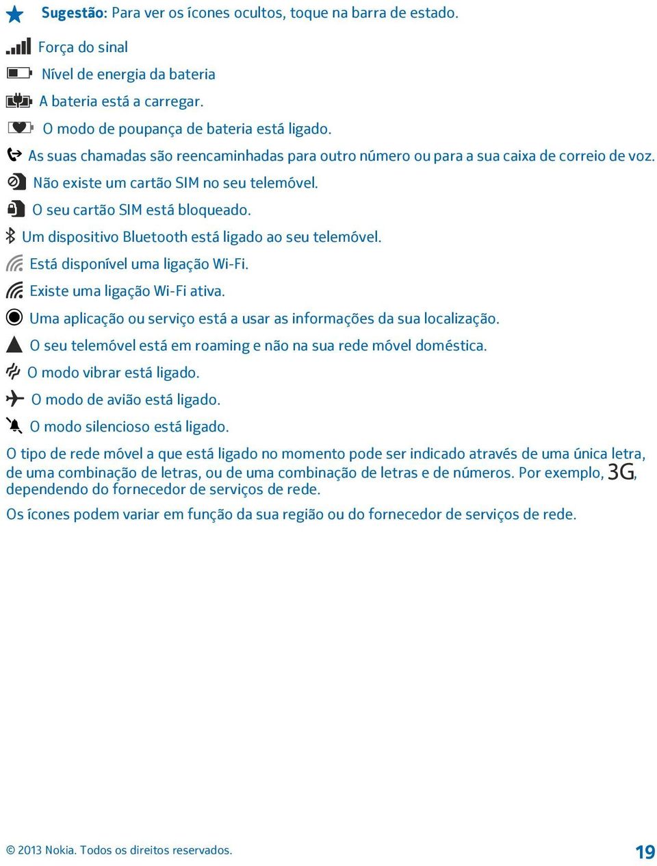 Um dispositivo Bluetooth está ligado ao seu telemóvel. Está disponível uma ligação Wi-Fi. Existe uma ligação Wi-Fi ativa. Uma aplicação ou serviço está a usar as informações da sua localização.