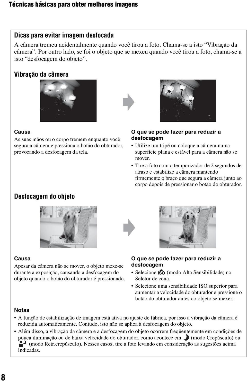 Vibração da câmera Causa As suas mãos ou o corpo tremem enquanto você segura a câmera e pressiona o botão do obturador, provocando a desfocagem da tela.