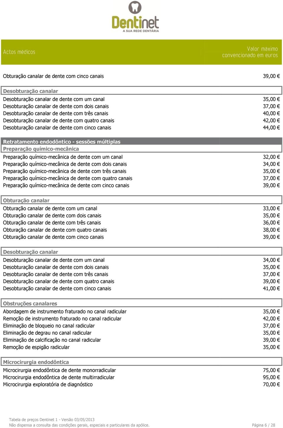 químico-mecânica Preparação químico-mecânica de dente com um canal 32,00 Preparação químico-mecânica de dente com dois canais 34,00 Preparação químico-mecânica de dente com três canais 35,00