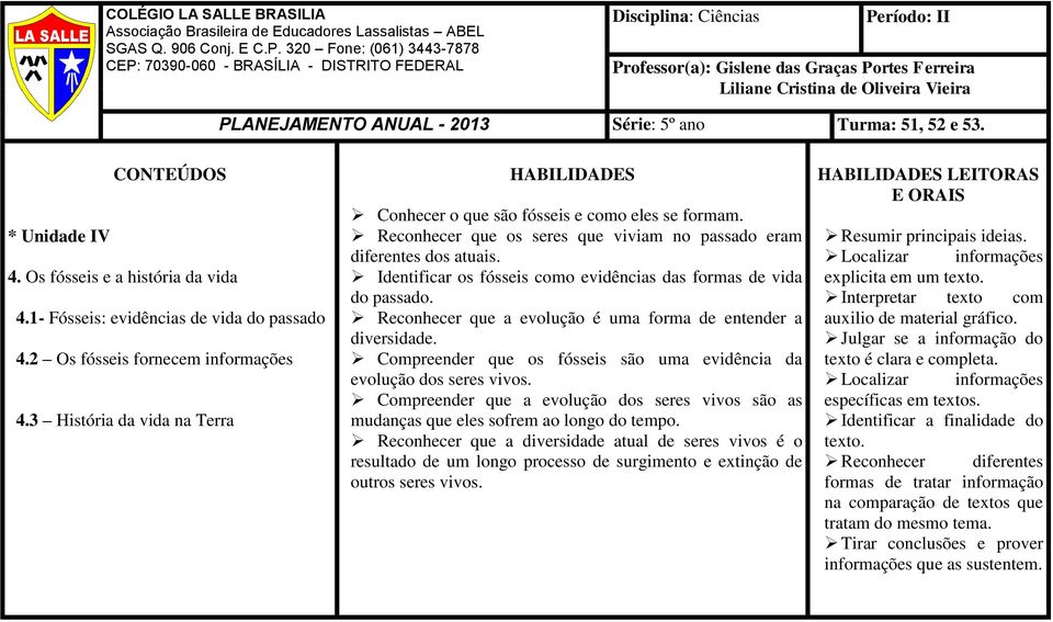 PLANEJAMENTO ANUAL - 2013 Série: 5º ano Turma: 51, 52 e 53. CONTEÚDOS * Unidade IV 4. Os fósseis e a história da vida 4.1- Fósseis: evidências de vida do passado 4.2 Os fósseis fornecem informações 4.