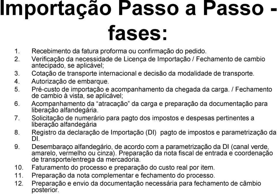 / Fechamento de cambio à vista, se aplicável; 6. Acompanhamento da atracação da carga e preparação da documentação para liberação alfandegária. 7.