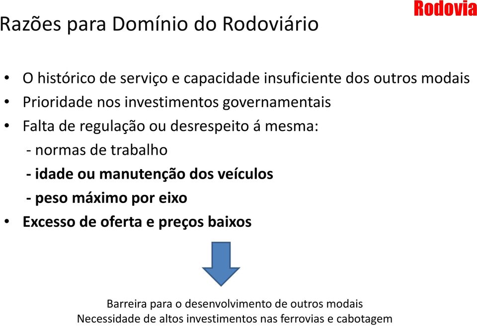 de trabalho - idade ou manutenção dos veículos -peso máximo por eixo Excesso de oferta e preços baixos