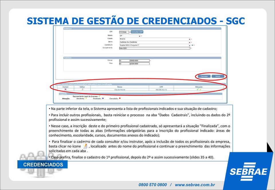 preenchimento de todas as abas (informações obrigatórias para a inscrição do profissional indicado: áreas de conhecimento, escolaridade, cursos, documentos anexos do indicado); Para finalizar o