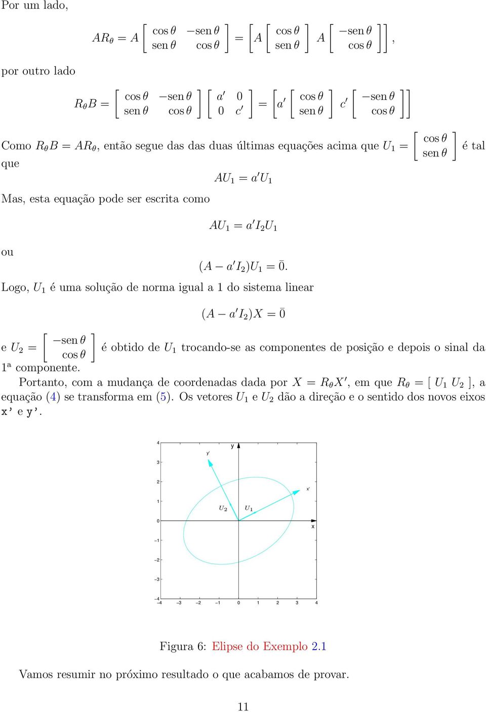 Logo, U 1 é uma solução de norma igual a 1 do sistema linear [ cos θ sen θ é tal (A a I 2 )X 0 [ sen θ e U 2 é obtido de U cos θ 1 trocando-se as componentes de posição e depois o sinal da 1 a