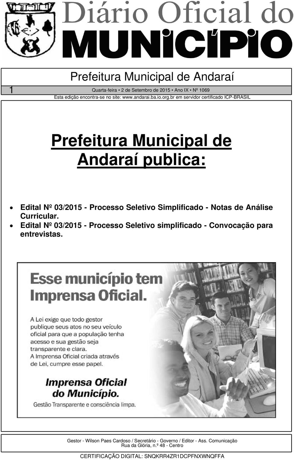 Edital Nº 03/2015 - Processo Seletivo simplificado - Convocação para entrevistas.