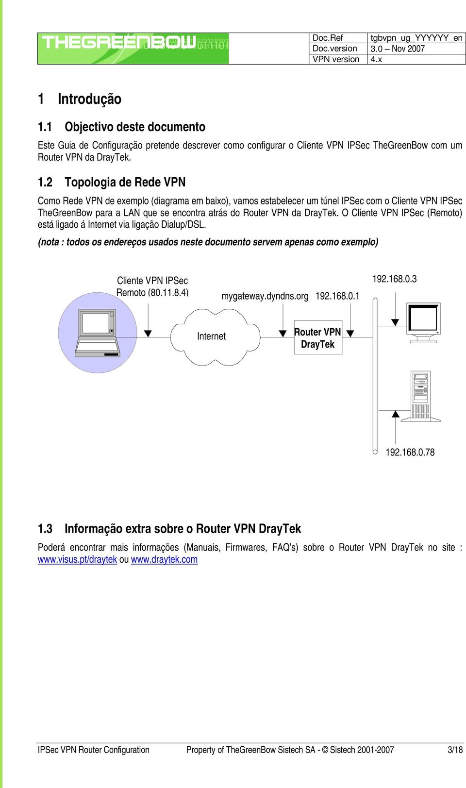 2 Topologia de Rede VPN Como Rede VPN de exemplo (diagrama em baixo), vamos estabelecer um túnel IPSec com o Cliente VPN IPSec TheGreenBow para a LAN que se encontra atrás do Router VPN da DrayTek.