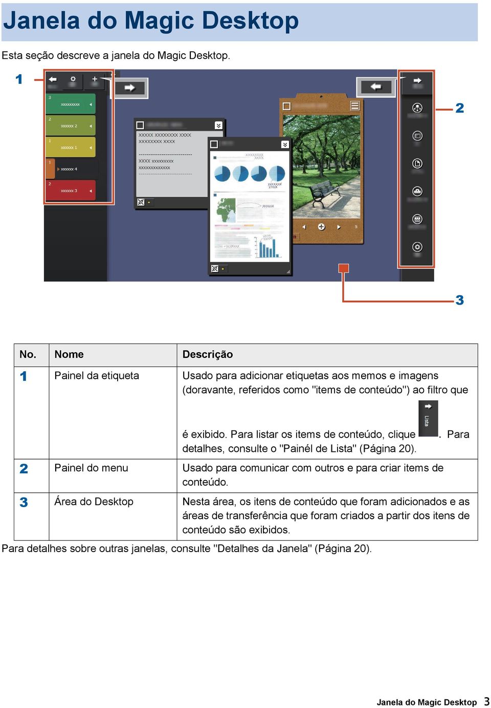 Para listar os items de conteúdo, clique detalhes, consulte o "Painél de Lista" (Página 20). 2 Painel do menu Usado para comunicar com outros e para criar items de conteúdo.