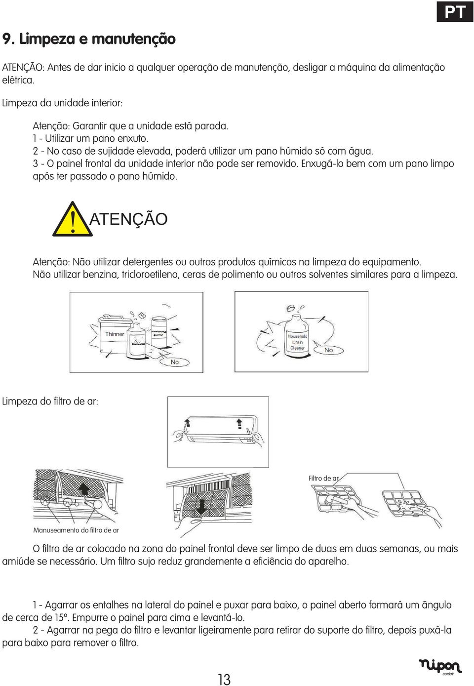 3 - O painel frontal da unidade interior não pode ser removido. Enxugá-lo bem com um pano limpo após ter passado o pano húmido.